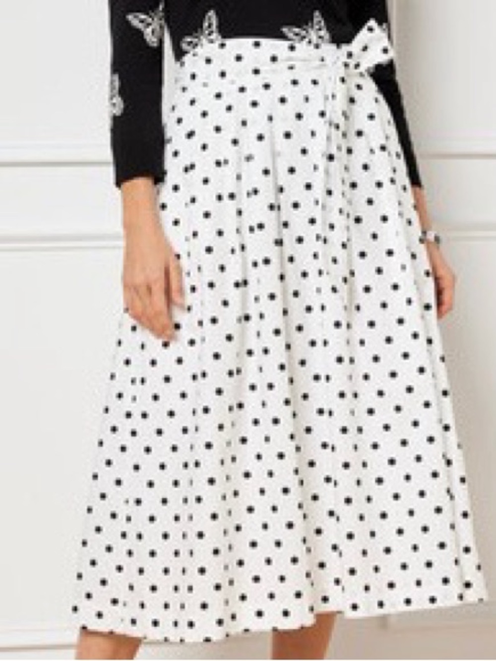 Talbots White Pleated Poplin Fit and Flare Skirt with Black Polka Dots